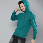 Men Teal Blue Printed Hooded Sweatshirt