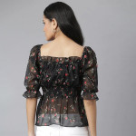 Black & Red Floral Georgette Cinched Waist Top