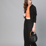 Women Black Regular Fit Solid Wide Leg Track Pants